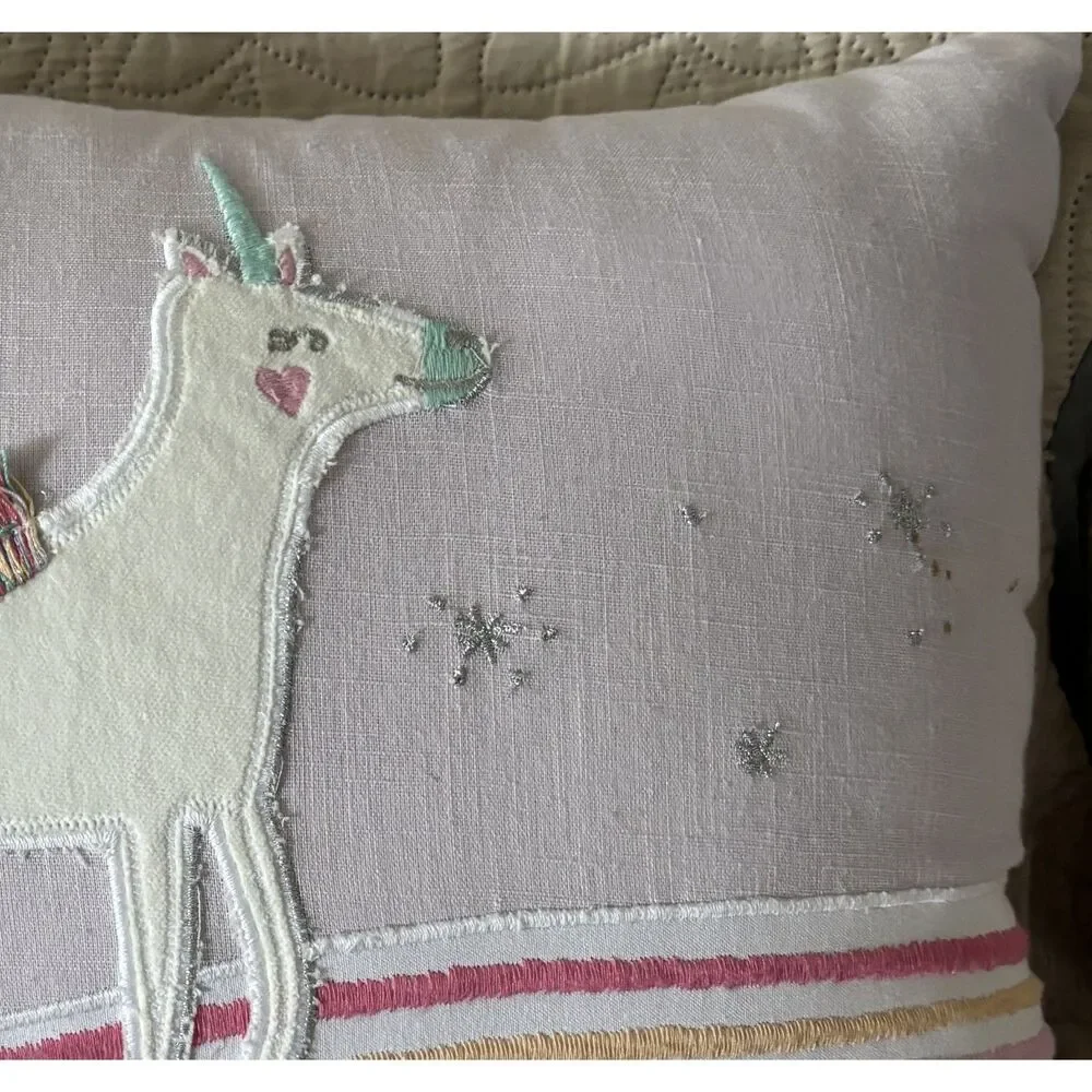 Pottery Barn Kids Unicorn Rainbow Throw Pillow 14x10 Pink Pastel Tassel Decor